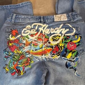 Ed Hardy Y2K Tattoo Dragon PaintedTiger Koi Fish Oversized Wide Leg Jeans  32